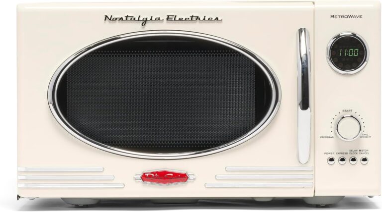 Nostalgia Retro Countertop Microwave Oven: 800-Watt, 0.9 cu ft, 12 Pre-Programmed Settings, Digital Clock in Ivory