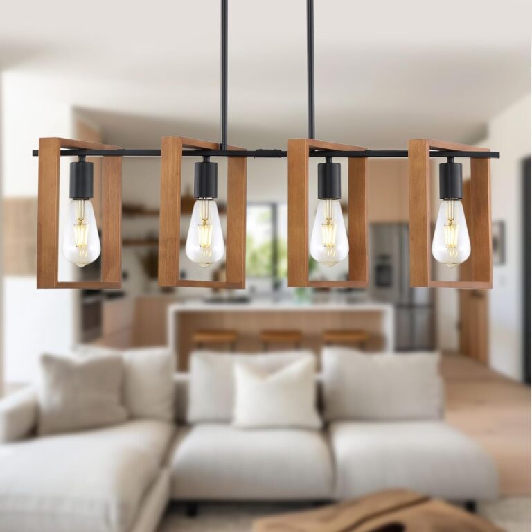 9MMML 4-Light Farmhouse Industrial Pendant Light: Black & Wood Rectangle Chandelier for Kitchen Island, Dining Room, Entryway
