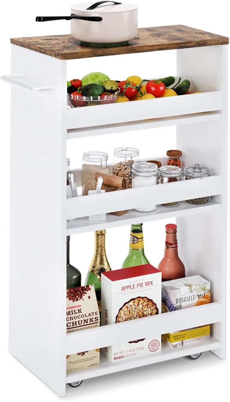 TEAMIX 4-Tier Slim Rolling Cart | White Storage Cart with Handle for Kitchen, Laundry & Small Spaces