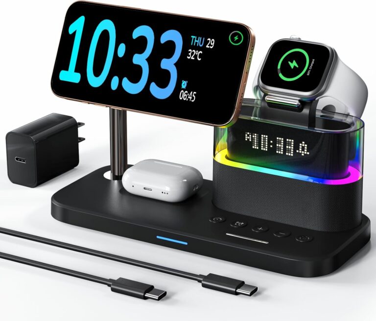 5-in-1 Wireless Charging Station for Apple | MagSafe Charger with Alarm Clock & Night Light for iPhone, Watch, AirPods