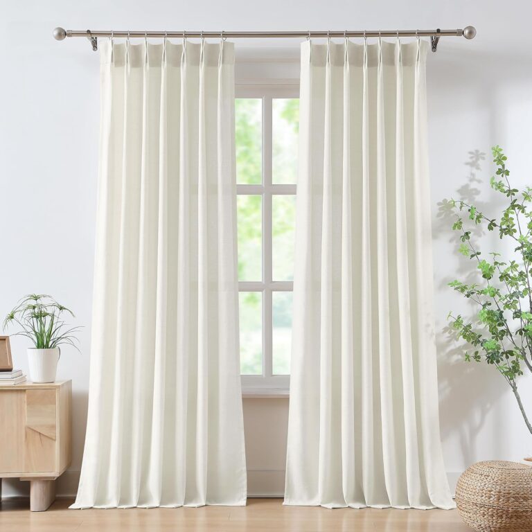 FMFUNCTEX Pinch Pleated Curtains 84″ Long, Ivory Semi-Sheer Faux Linen Drapes – Light Filtering Farmhouse Window Panels