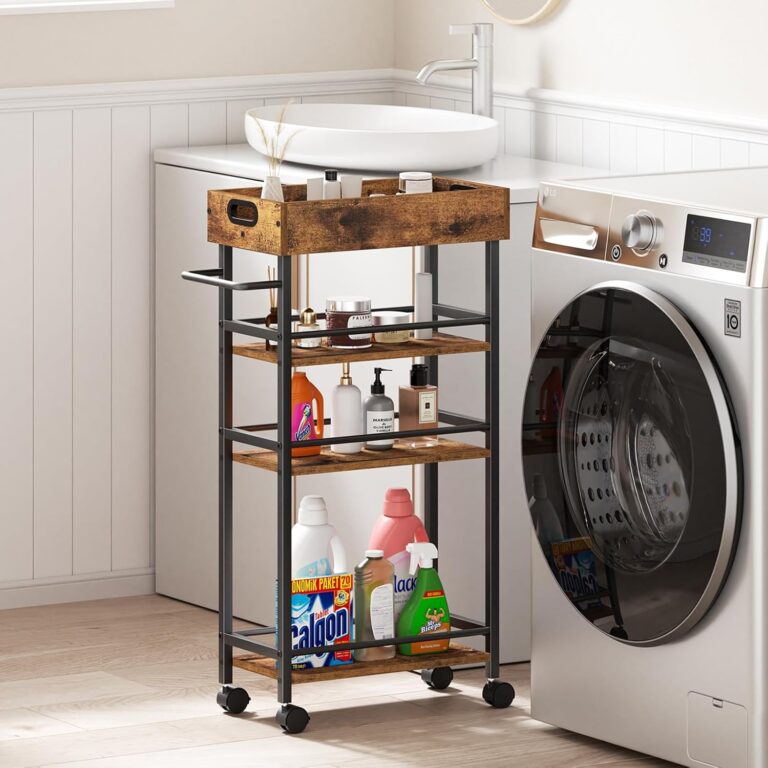 Slim Storage Cart, 4 Tier Rolling Cart with Handle | Narrow Metal Frame Cart with Wheels for Kitchen, Bathroom, Office