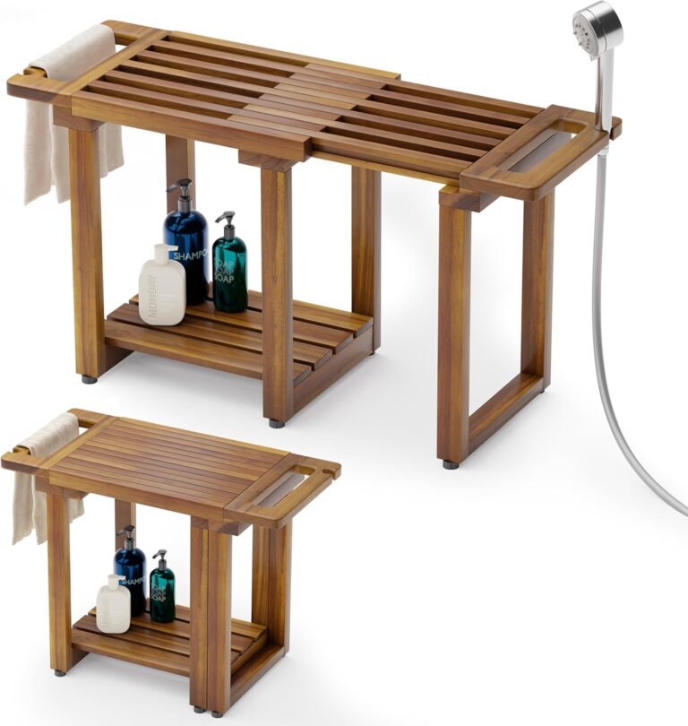 BLUEWEST Adjustable Shower Bench Stool with Storage Shelf | Waterproof Wood Bathroom Seat for Spa & Safety