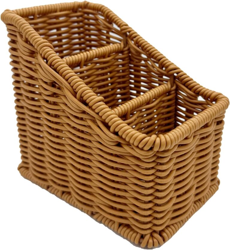 Handwoven Wicker Remote Control Holder – Rustic Rattan Storage Box & Desk Organizer in Golden Oak (Small, 3 Compartments)