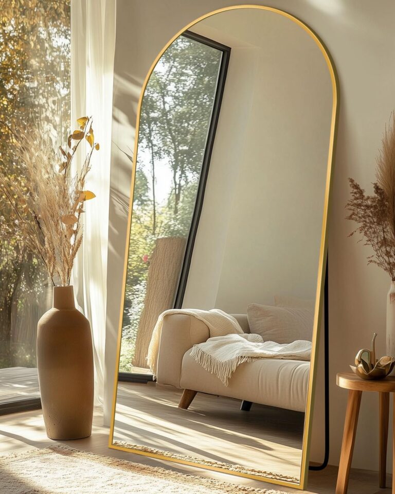 71″x28″ Arched Full Length Mirror with Stand – Gold Aluminum Frame Floor Standing Mirror for Bedroom, Living Room