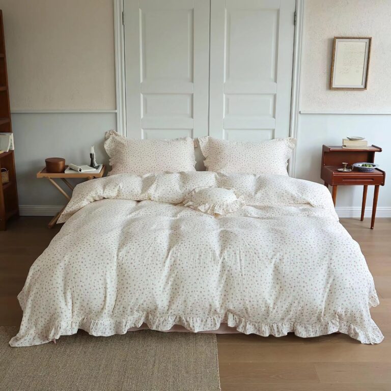 BuLuTu Chic Princess Duvet Cover Full for Teens Girls – Pink Floral Ruffled Vintage Cottage Bedding, 79×90 Inches