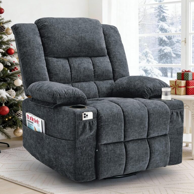 360° Swivel Rocker Recliner with Massage & Heating – Manual Recliner Chair for Living Room, Bedroom, Nursery (Dark Gray Fabric)