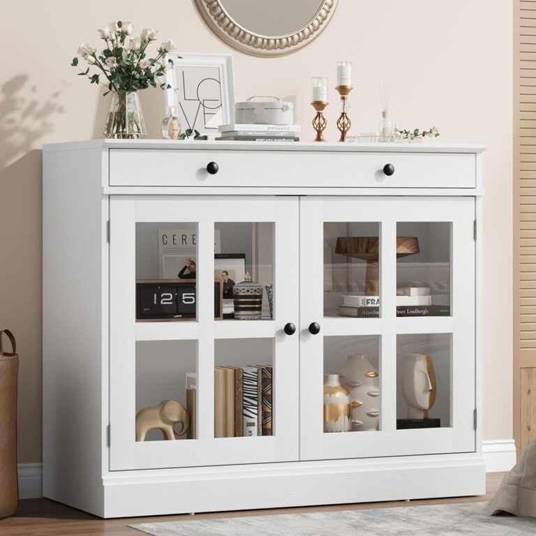 GarveeHome 35.4 in White Sideboard Buffet Cabinet with Glass Door & Drawer | Modern Dining Room & Kitchen Storage